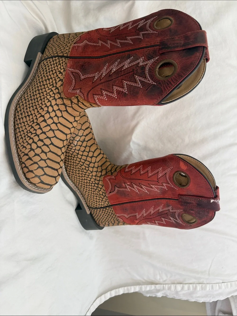 Kids Pull-On Western Boots in Red and Brown with Textured snakeskin like base